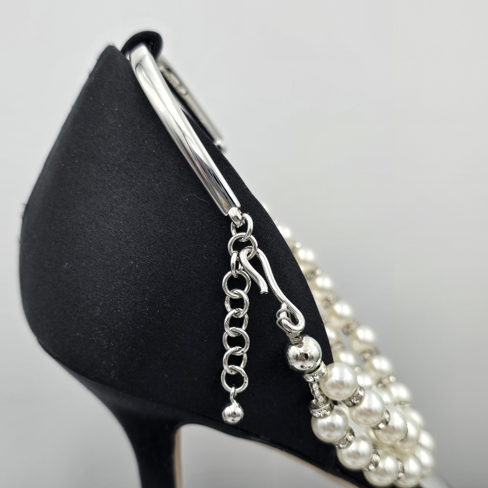 NIB Badgley Mischka Loretta Dual Pearl Strap Stiletto Heel Sandals, Black Satin - Picture 2 of 16